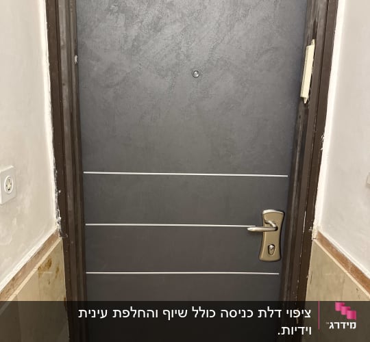 דלת אפורה עם ידית כסופה במסגרת חומה